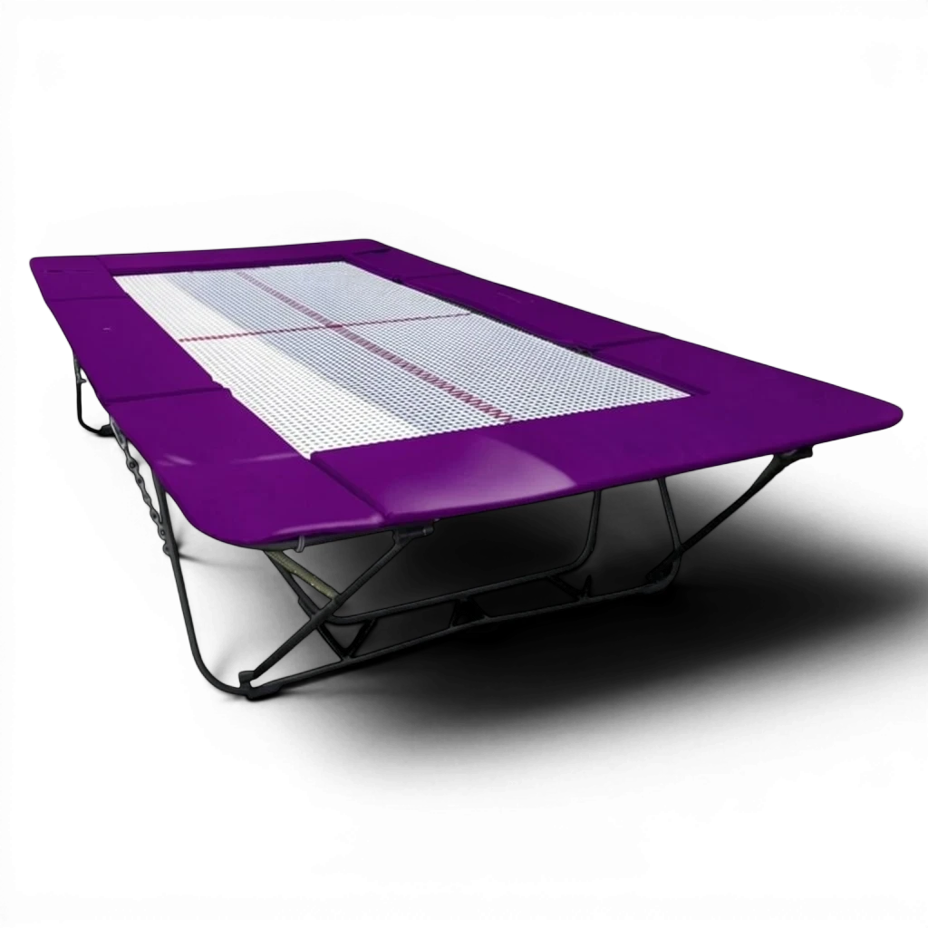 UK Gym Pits junior trampoline with a white web bed and purple protective frame pads on a black background.