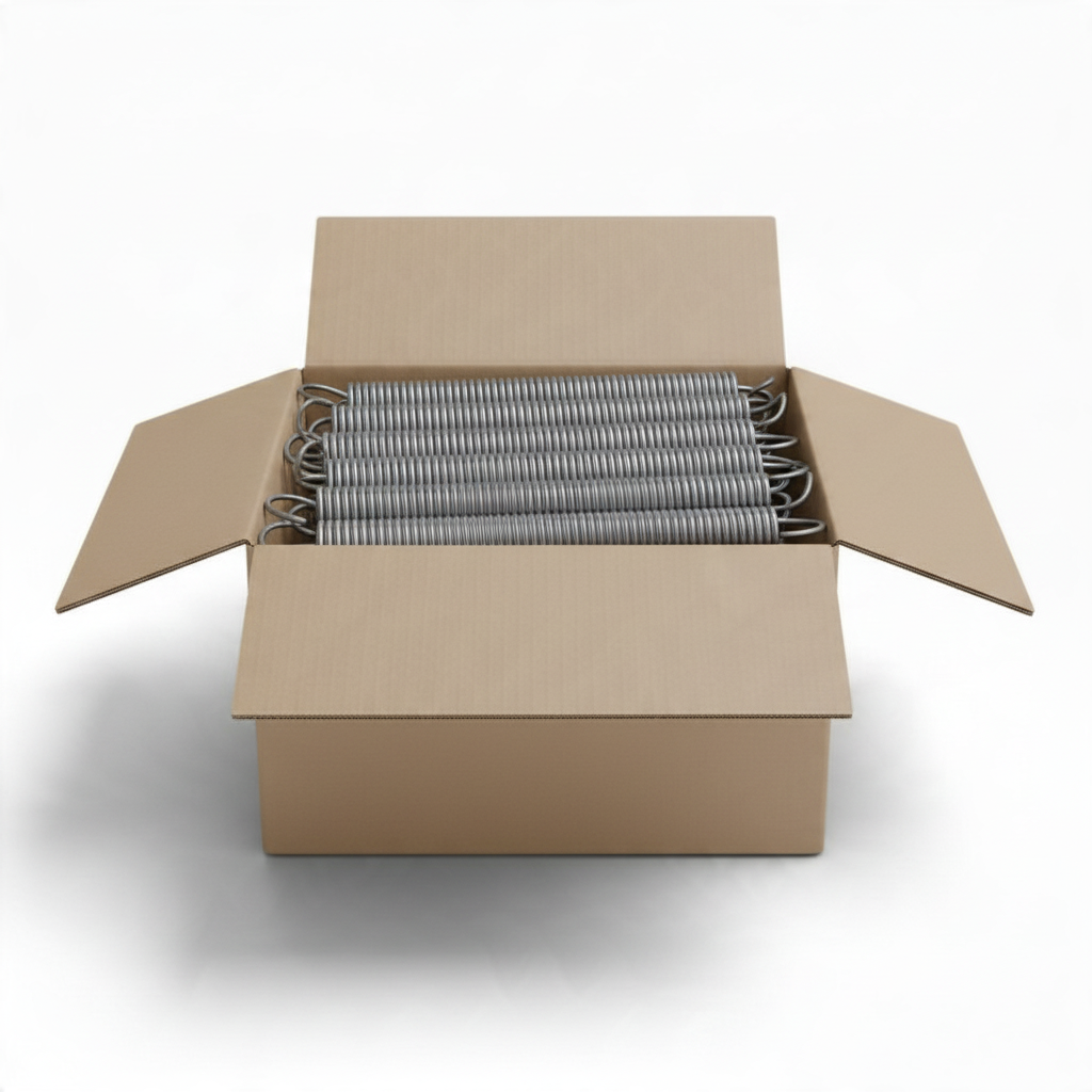 UK Gym Pits high tensile steel replacement springs for junior trampolines packed in a cardboard shipping box