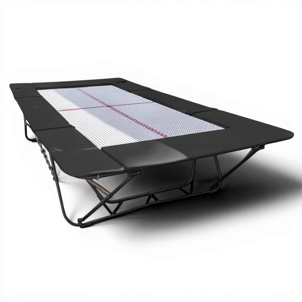 UK Gym Pits junior trampoline with black frame pads and a white webbed jumping bed on a black background
