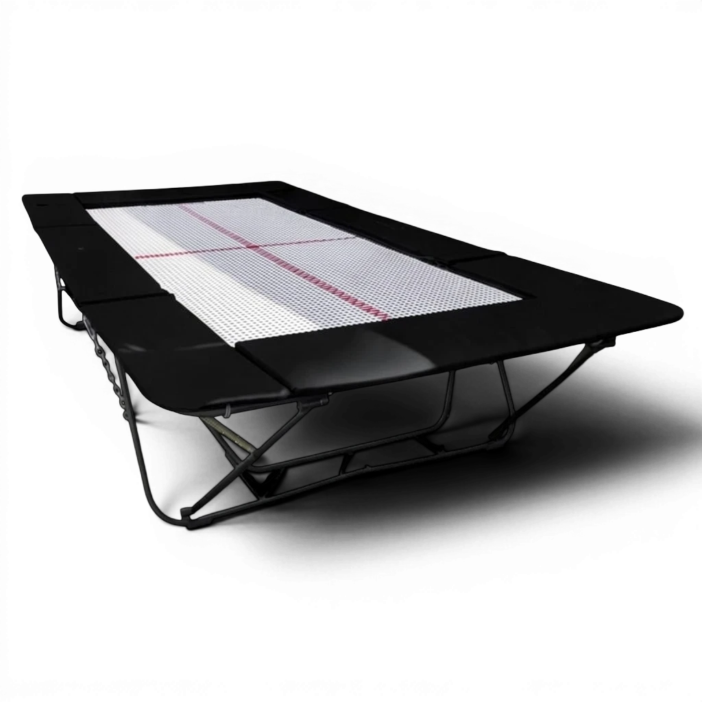 UK Gym Pits junior trampoline with a white web bed and black protective frame pads on a black background