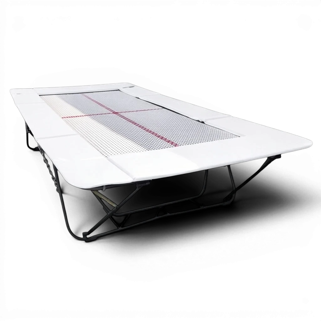 UK Gym Pits junior trampoline with white frame pads and a web bed, designed for gymnastics training and home use.