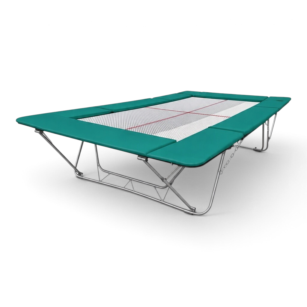 UK Gym Pits junior trampoline with a rectangular web bed and teal green protective frame pads on a steel frame
