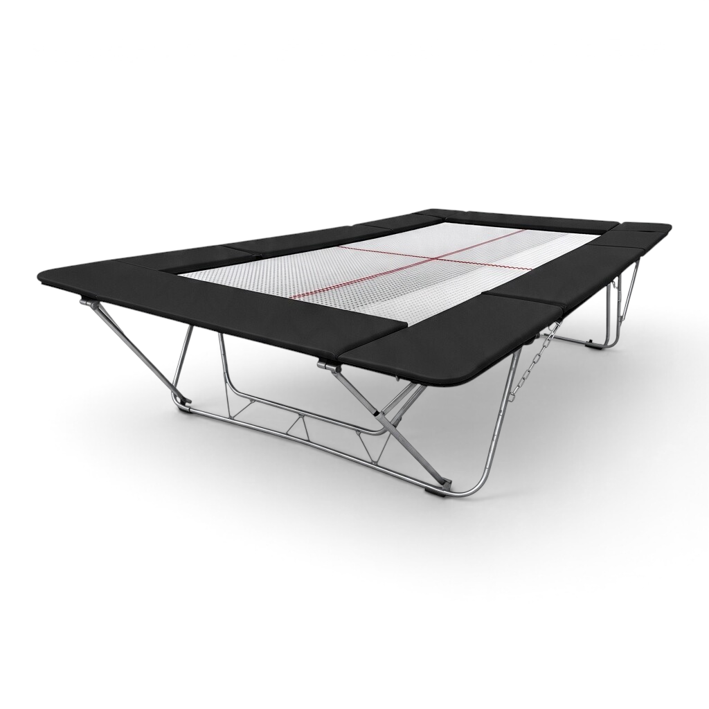 UK Gym Pits junior trampoline with a white mesh bed and black protective frame pads on a steel folding frame