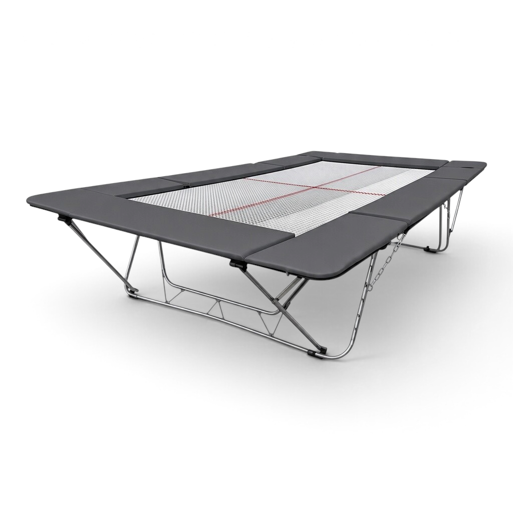 UK Gym Pits junior trampoline with a white web bed and grey protective frame pads on a foldable steel frame.