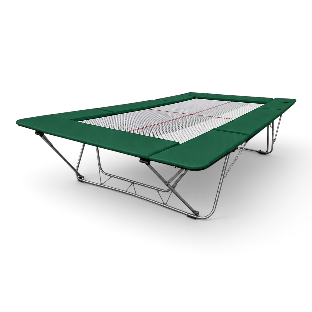 UK Gym Pits junior trampoline with a white web bed and green protective frame pads on a steel folding frame