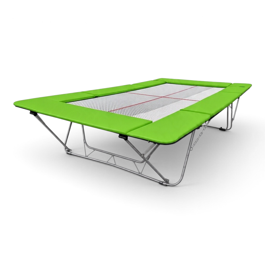 UK Gym Pits junior trampoline with a white web bed and bright green protective frame pads on a steel frame