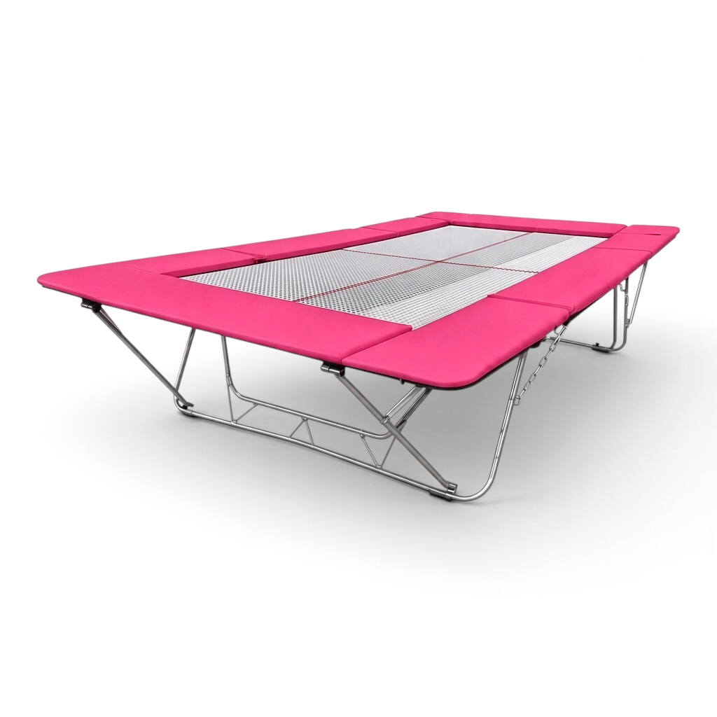 UK Gym Pits junior trampoline with a web bed and vibrant pink protective frame pads on a steel folding frame