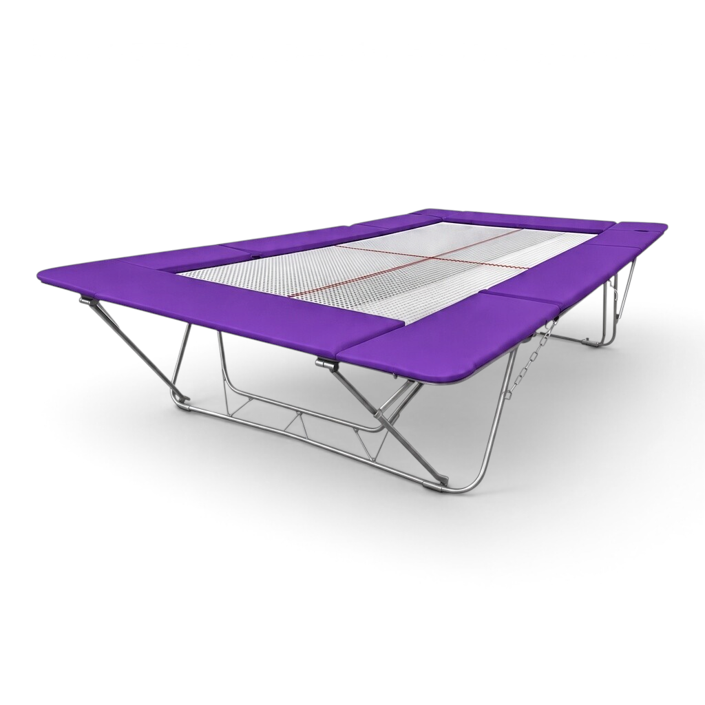 UK Gym Pits junior trampoline with a purple frame pad and white web bed, designed for schools and gymnastics clubs.