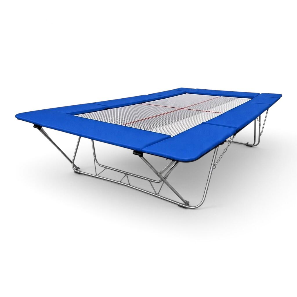 UK Gym Pits junior trampoline with a blue frame pad and web bed, designed for gymnastics training and home use.