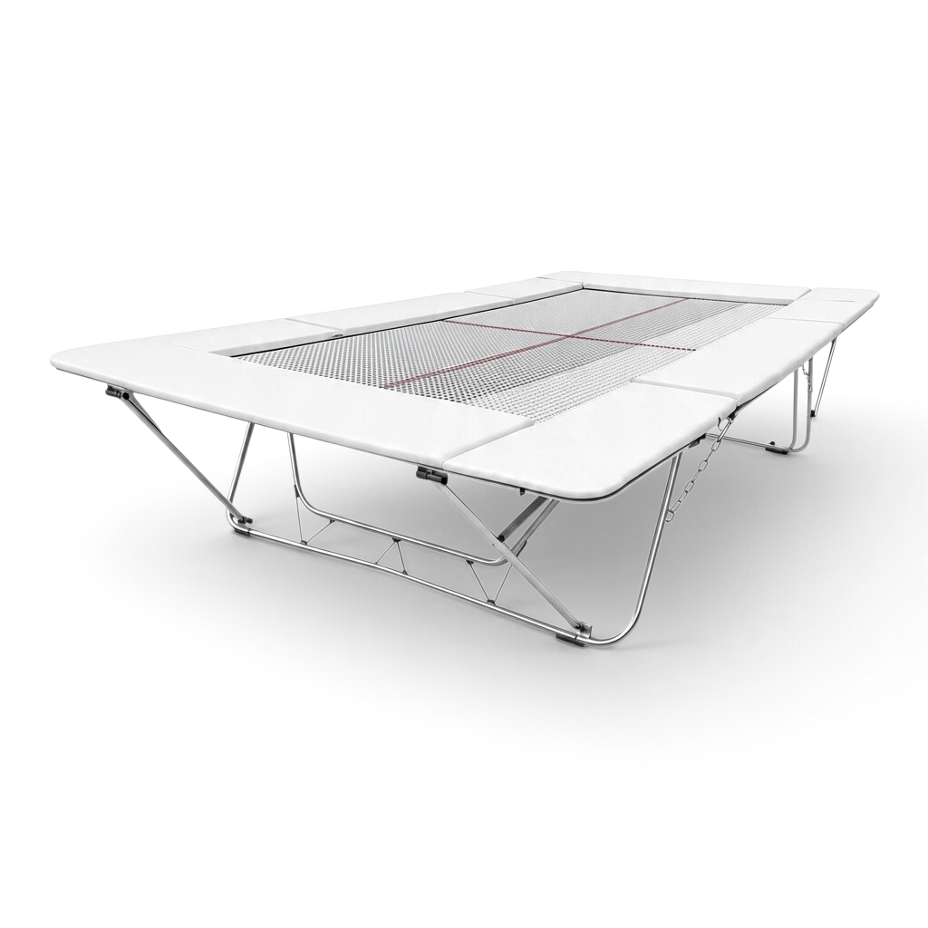 UK Gym Pits junior trampoline with white frame pads and a webbed jumping bed, suitable for gymnastics training.