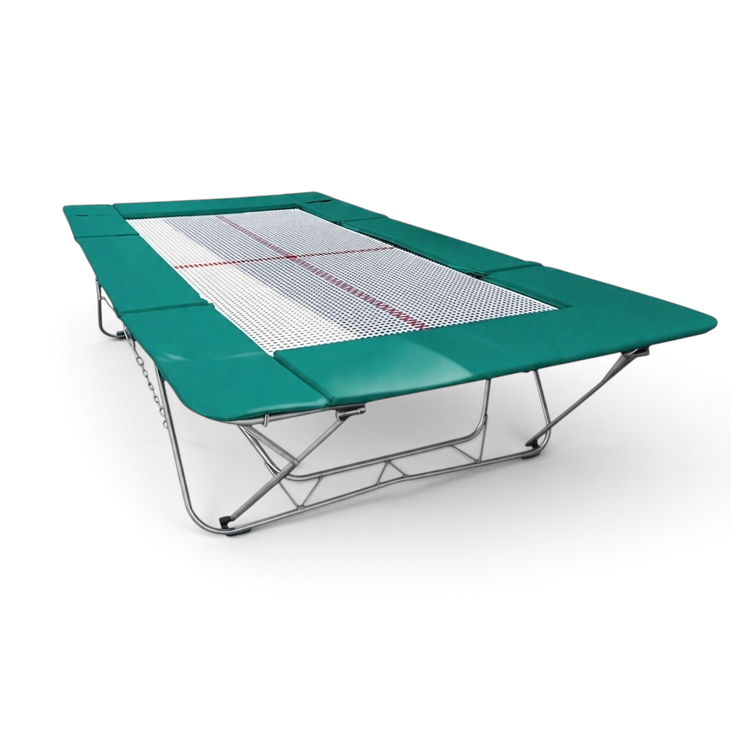 UK Gym Pits junior trampoline with teal frame pads and a white web bed, featuring a foldable steel frame.