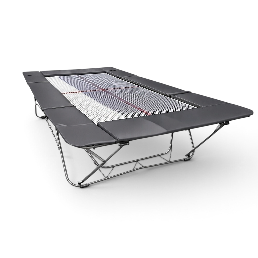 UK Gym Pits junior trampoline with grey frame pads and a white web bed, featuring high tensile steel springs.
