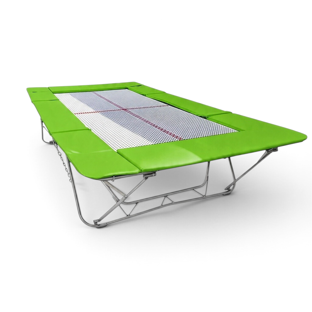 UK Gym Pits junior trampoline with a white web bed and bright green protective frame pads on a steel frame