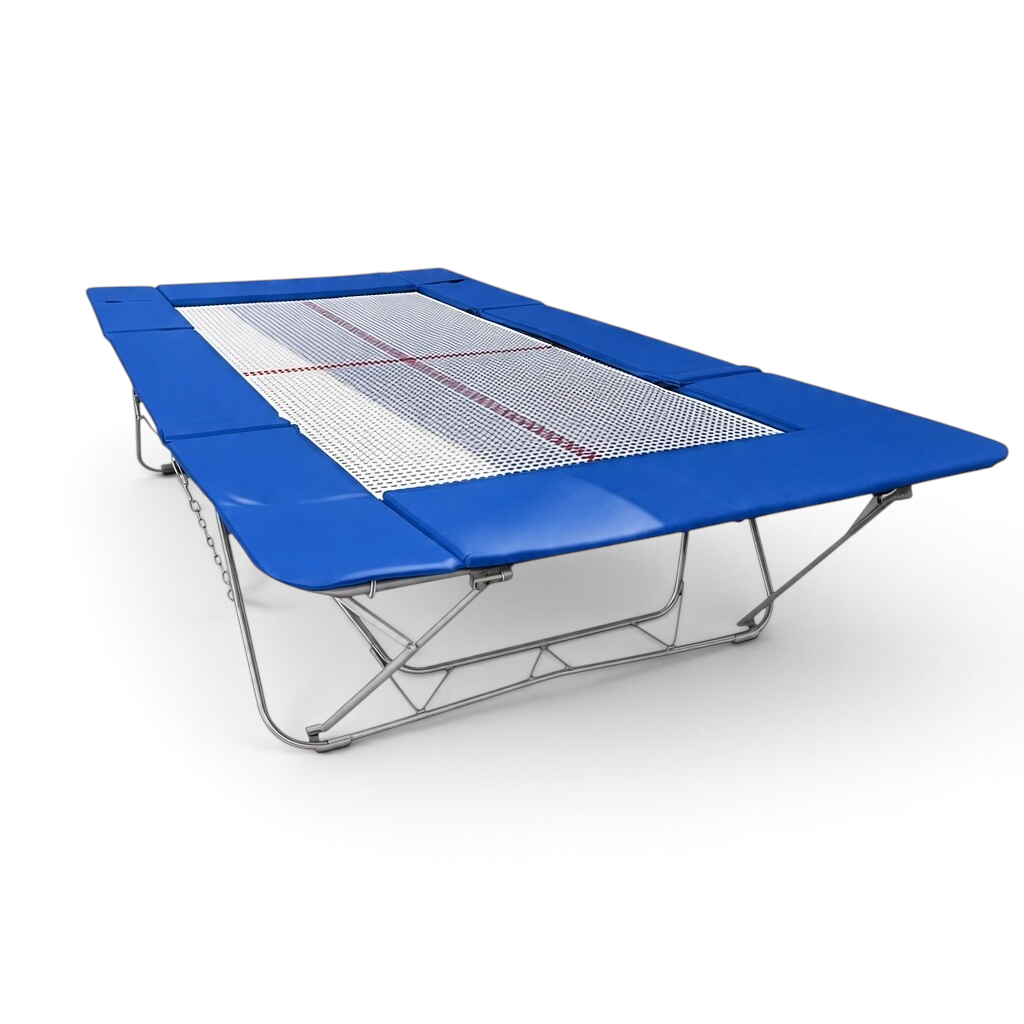 UK Gym Pits junior trampoline with a white web bed and blue protective frame pads on a steel folding frame