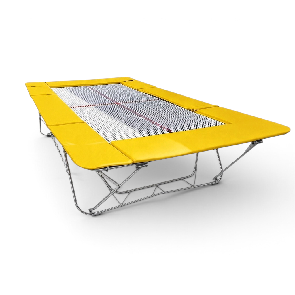 UK Gym Pits junior trampoline with a white web bed and bright yellow protective frame pads on a steel frame.