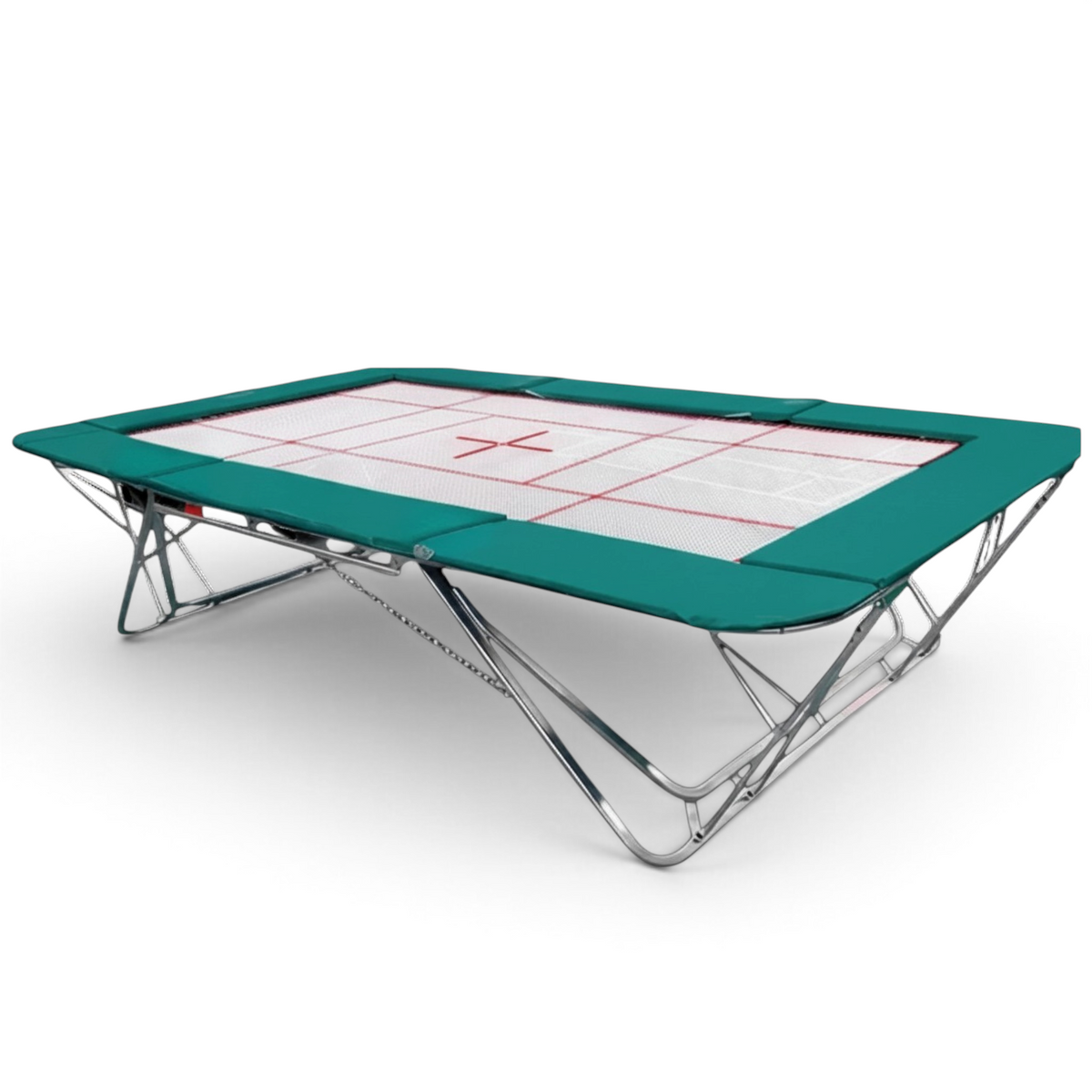 UK Gym Pits junior trampoline with a white web bed, teal frame pads, and a foldable high-tensile steel frame.