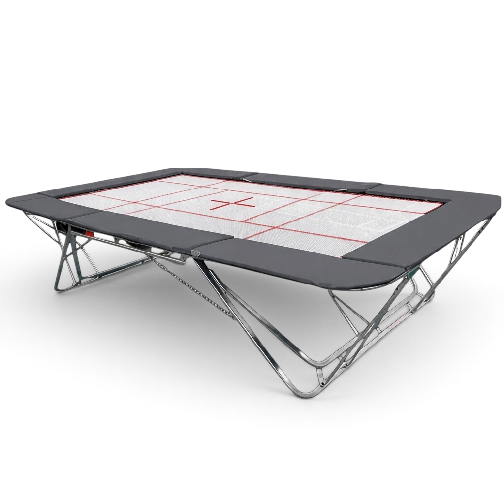 UK Gym Pits junior trampoline with a white web bed and grey protective frame pads on a foldable steel frame.