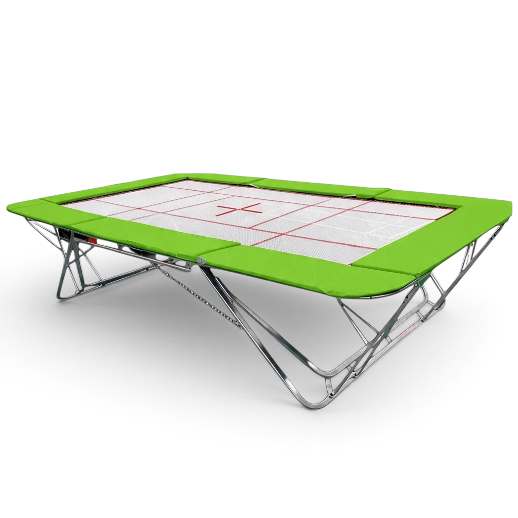 UK Gym Pits junior trampoline with a white web bed and bright green protective frame pads on a steel folding frame.