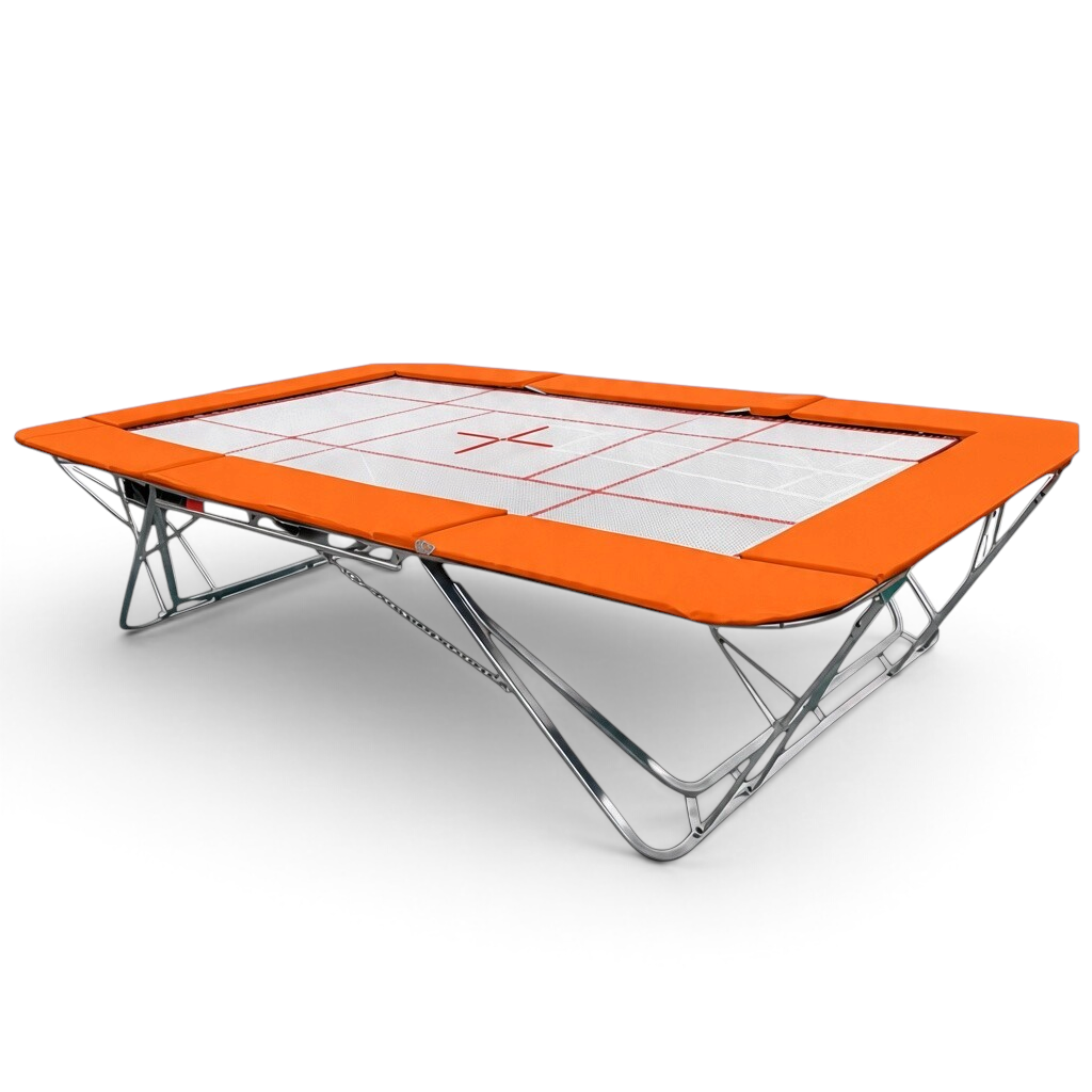 UK Gym Pits junior trampoline with a white web bed and vibrant orange protective frame pads for schools and clubs