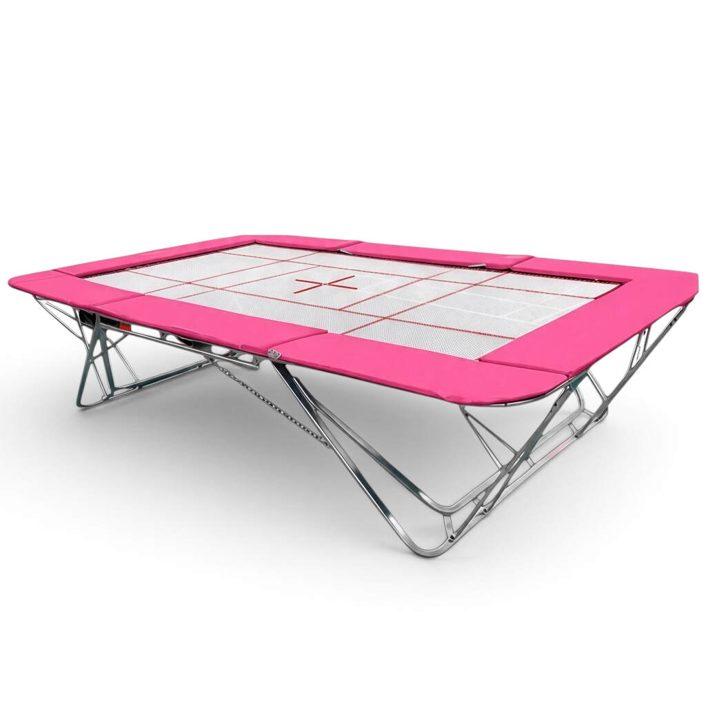 UK Gym Pits junior trampoline with a white web bed and bright pink protective frame pads on a steel folding frame.