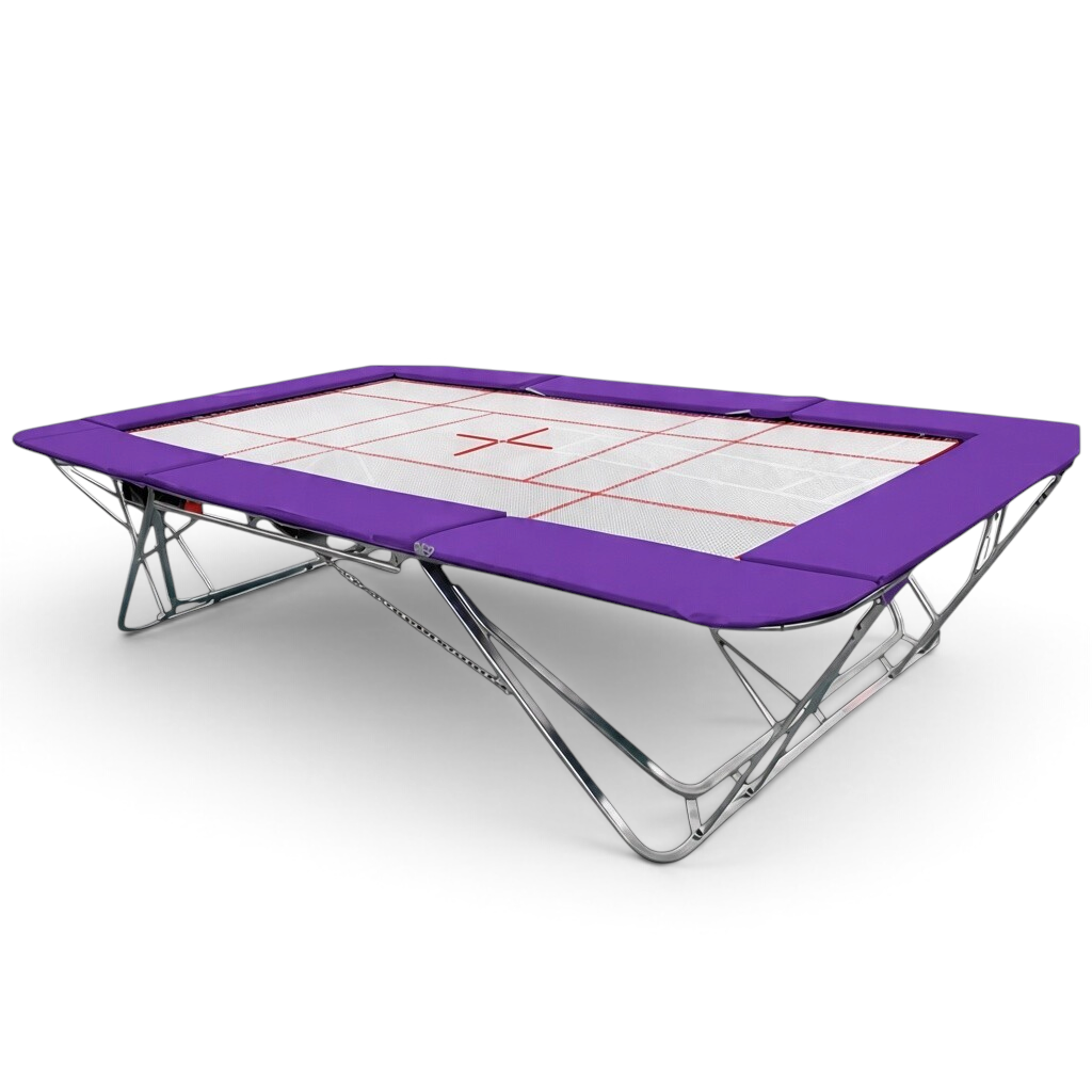 UK Gym Pits junior trampoline with a white web bed and purple protective frame pads on a foldable steel frame