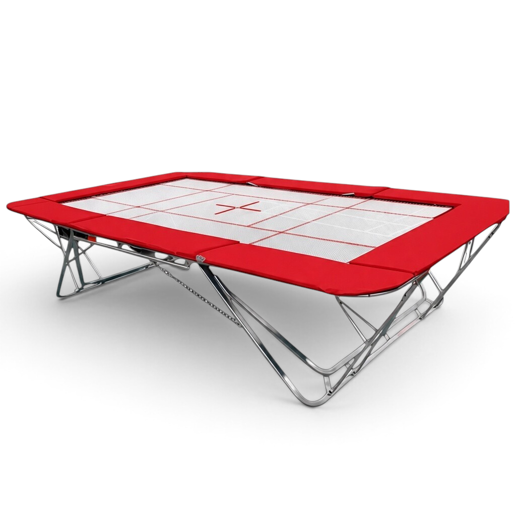 UK Gym Pits junior trampoline with a white web bed and vibrant red protective frame pads on a steel folding frame.