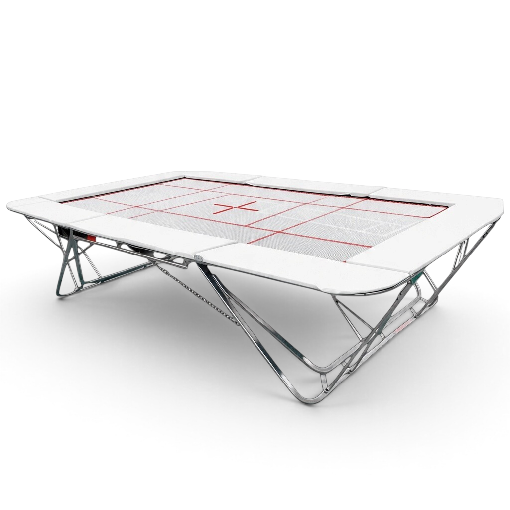 UK Gym Pits junior trampoline with a white web bed and white protective frame pads on a foldable steel frame