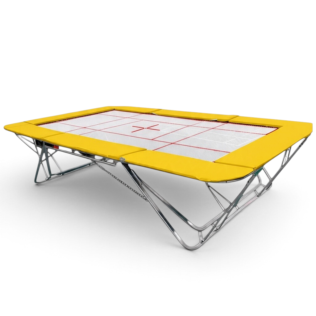 UK Gym Pits junior trampoline with a white web bed and bright yellow protective frame pads on a steel roller stand.