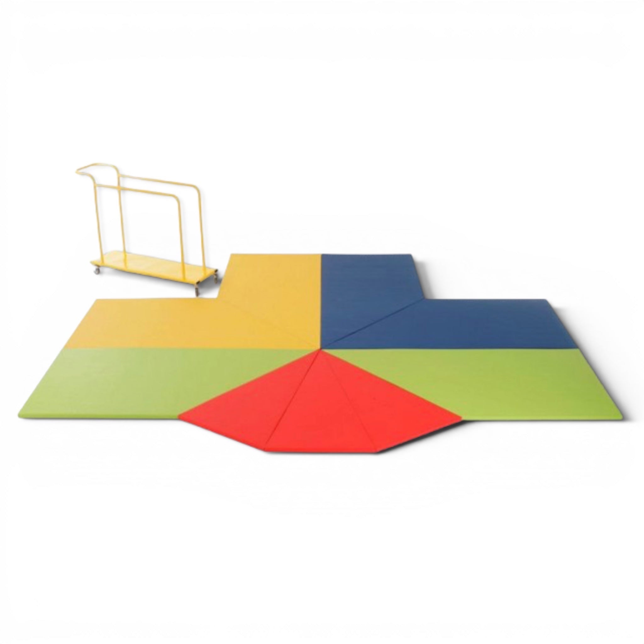UK Gym Pits Kaleidoscope climbing frame mat set in vibrant red, yellow, blue, and green with a yellow storage trolley.