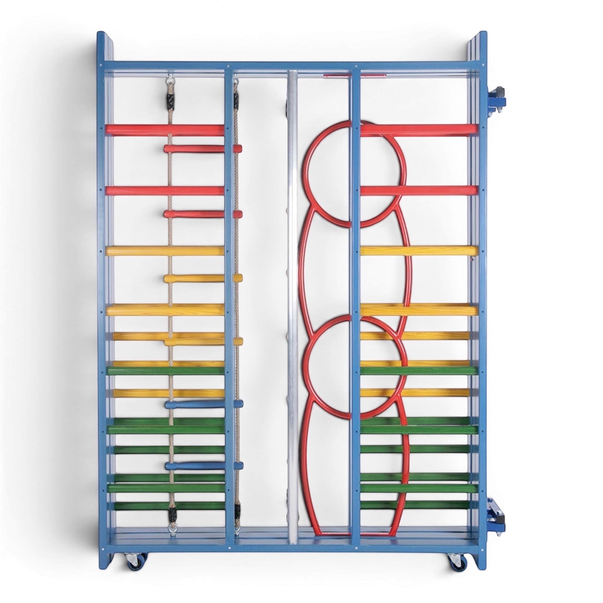 UK Gym Pits Kaleidoscope climbing frame with colourful wooden rungs, rope ladder, and steel rings for school gyms.