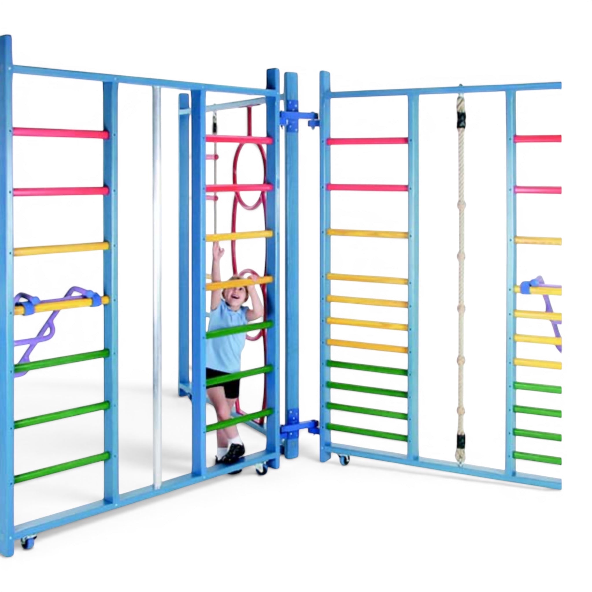 UK Gym Pits Kaleidoscope climbing frame with colourful wooden rungs, fireman's pole, and rope ladder for children