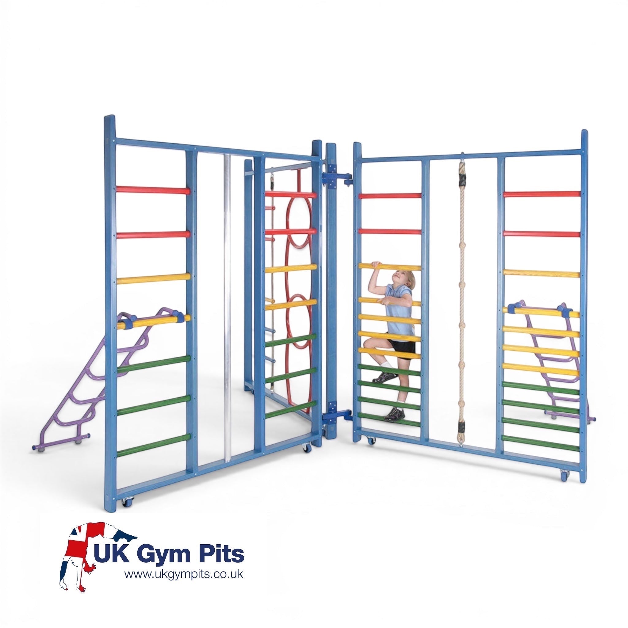 UK Gym Pits Kaleidoscope climbing frame with colourful wooden rungs, fireman's pole, and rope ladder for school gyms.