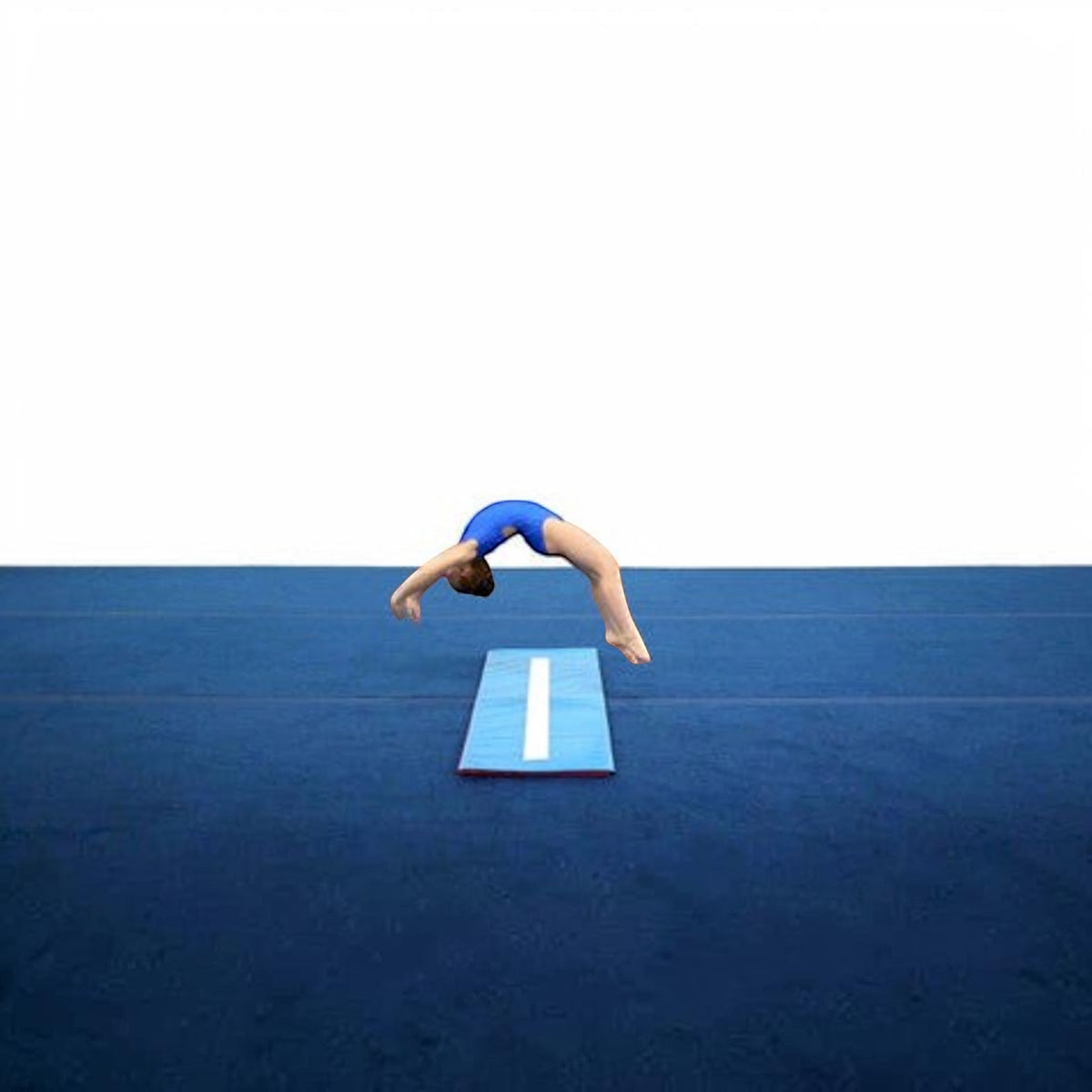 UK Gym Pits kids cartwheel beam mat with white stripe, used by a gymnast in a blue leotard performing a backbend