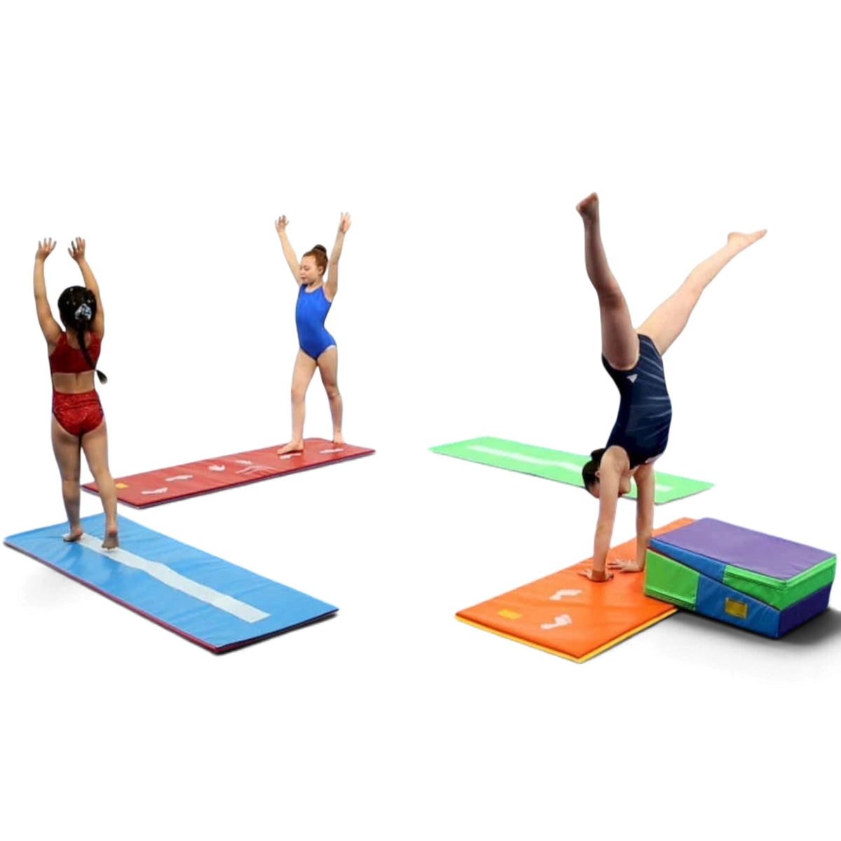 UK Gym Pits kids cartwheel beam mats in blue, red, green, and orange with hand and foot guides for gymnastics training