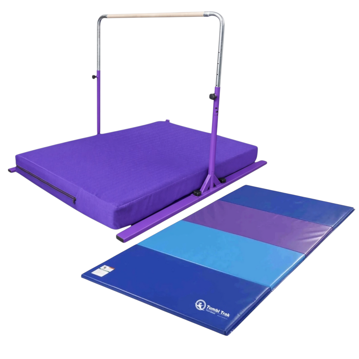 UK Gym Pits folding gymnastics tumbling mat with blue and purple vinyl panels for home training and exercise