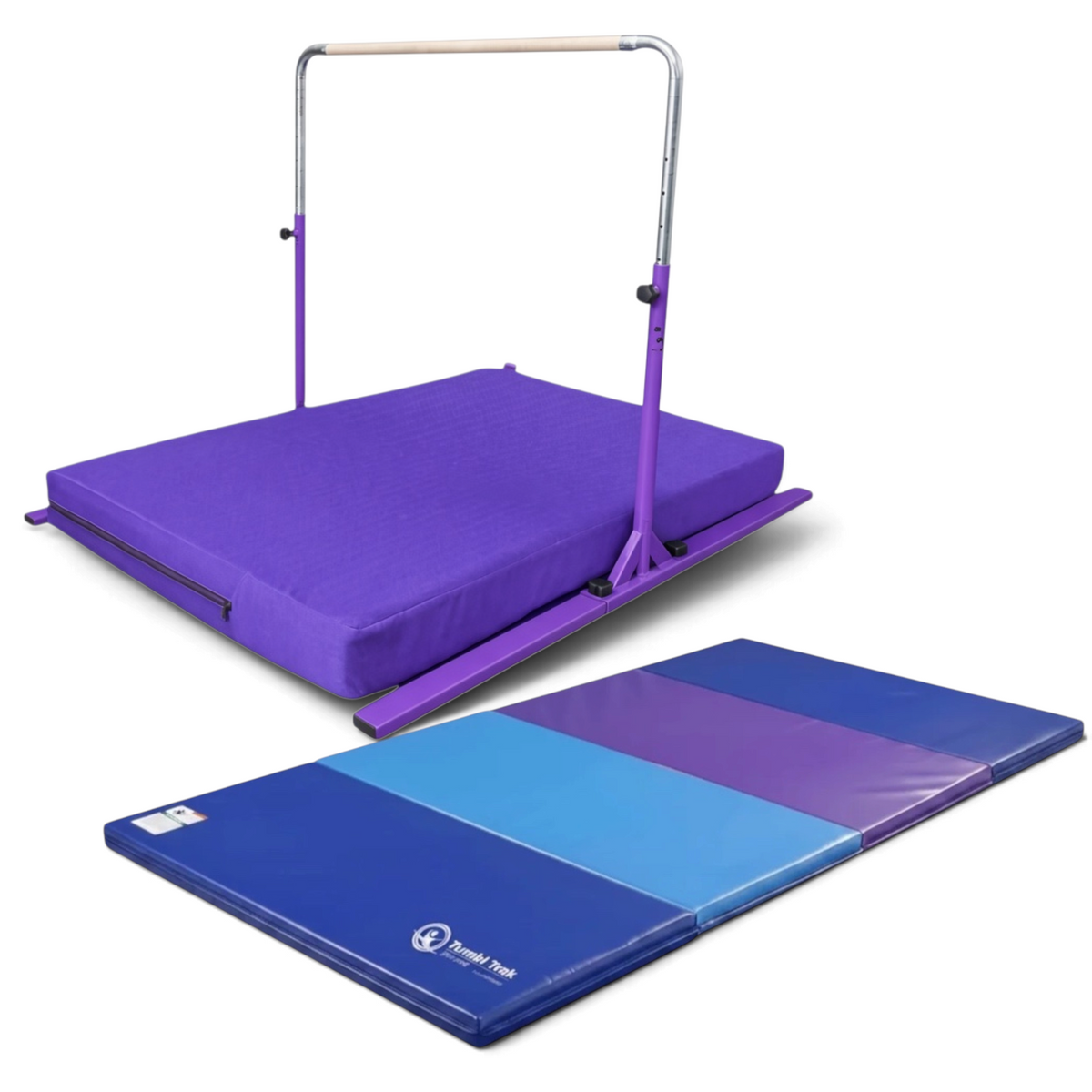UK Gym Pits folding tumbling mat in blue and purple vinyl for gymnastics and exercise training