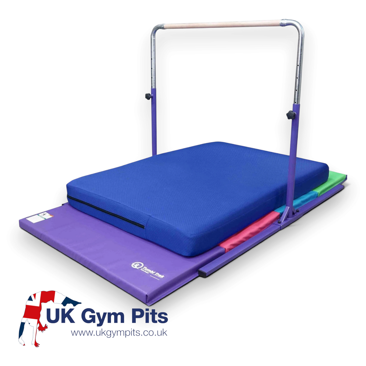 UK Gym Pits home gymnastics training package with a purple adjustable kip bar, blue practice mat, and folding mat.