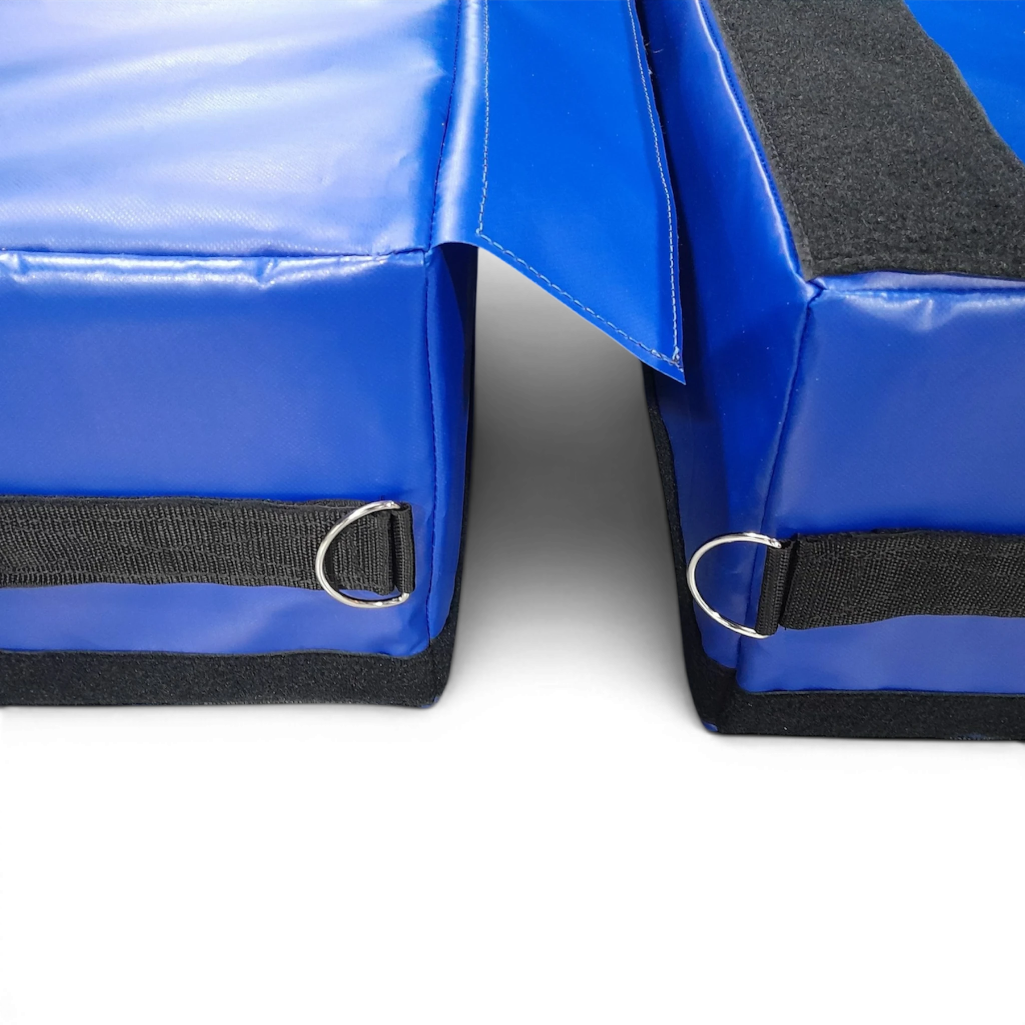 UK Gym Pits blue double mini tramp landing area base modules with D-shackle connectors and Velcro flaps
