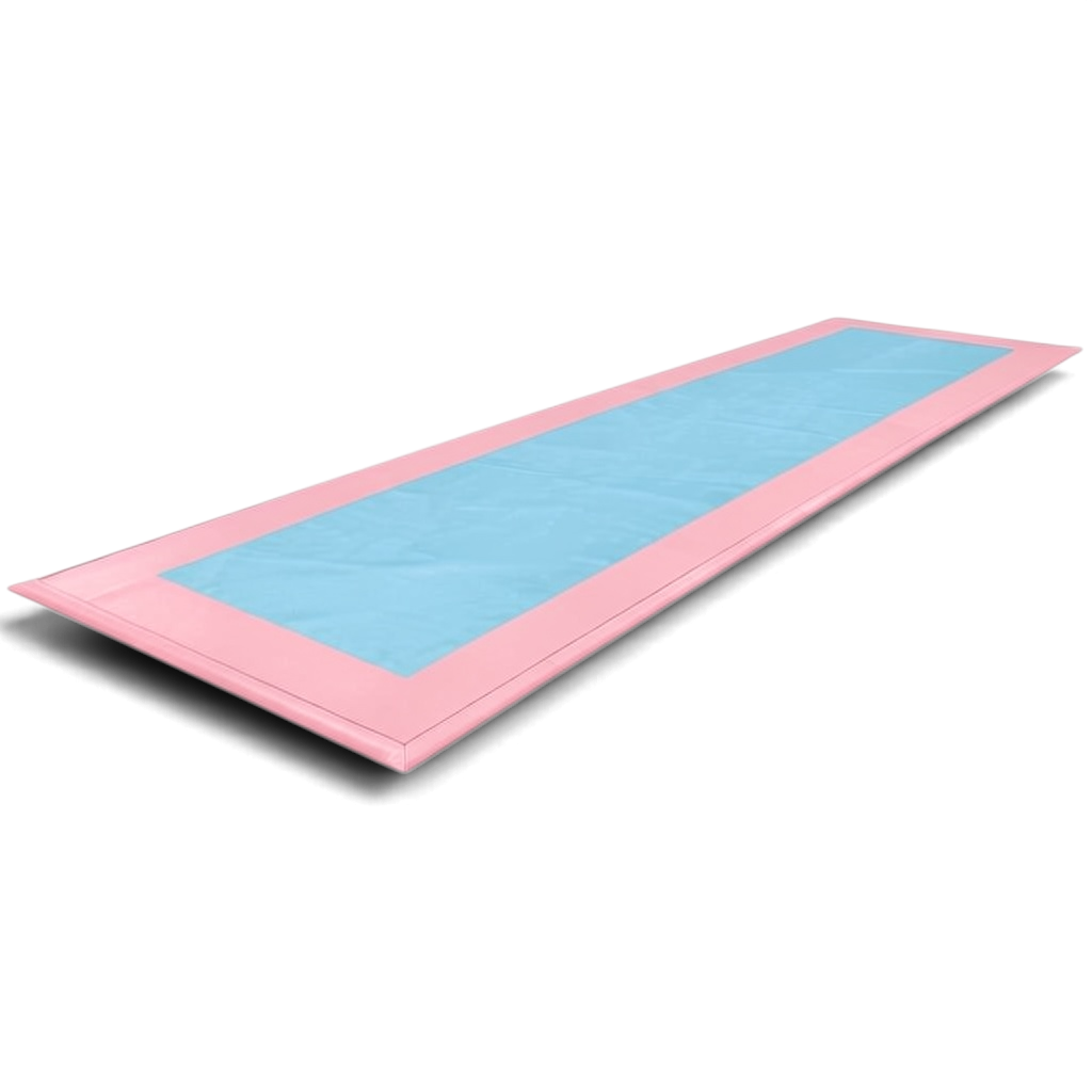 UK Gym Pits landing pit cover featuring a durable light blue center panel with a pink border for gymnastics pits.