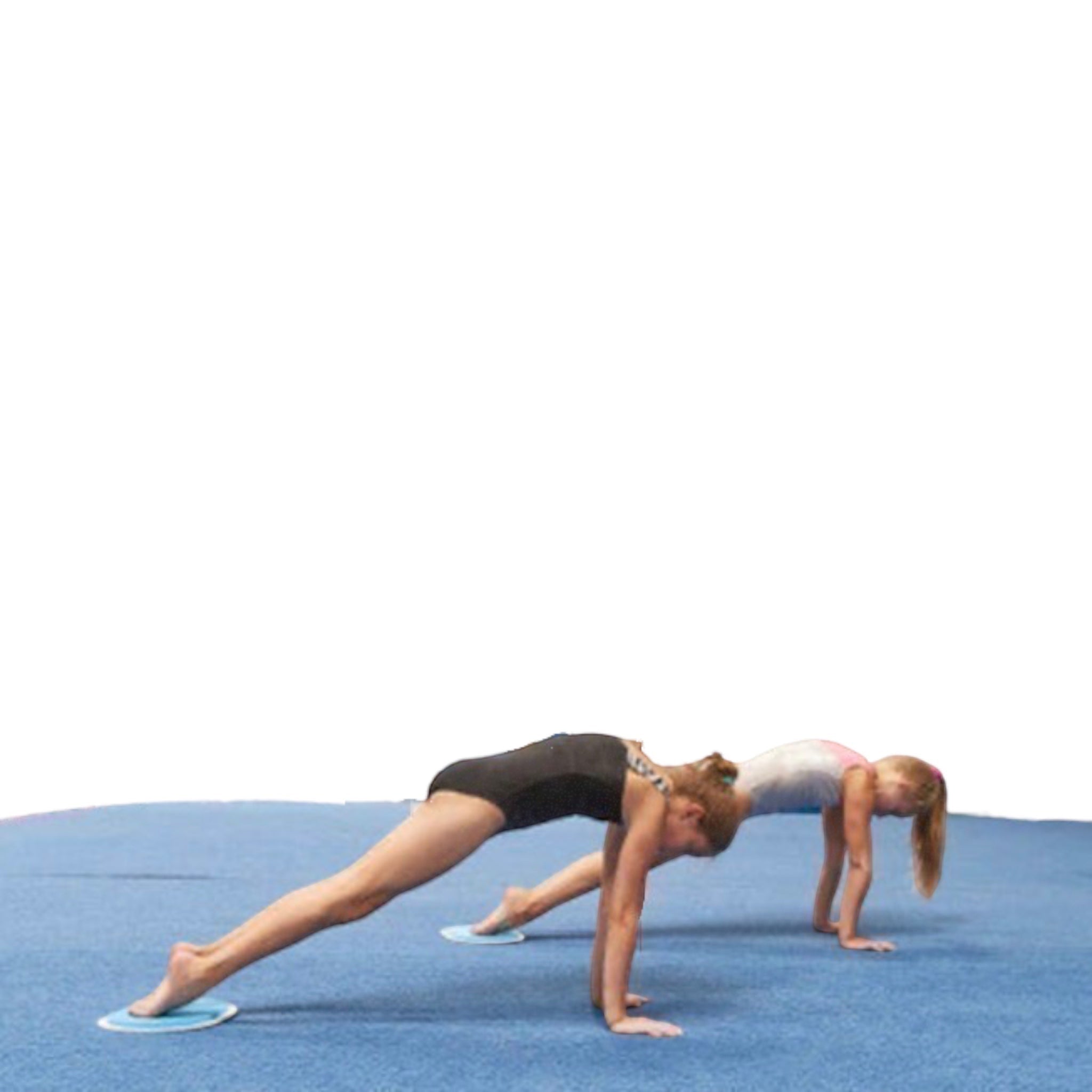 UK Gym Pits large conditioning sliders being used by two gymnasts for strength and flexibility training on a blue mat