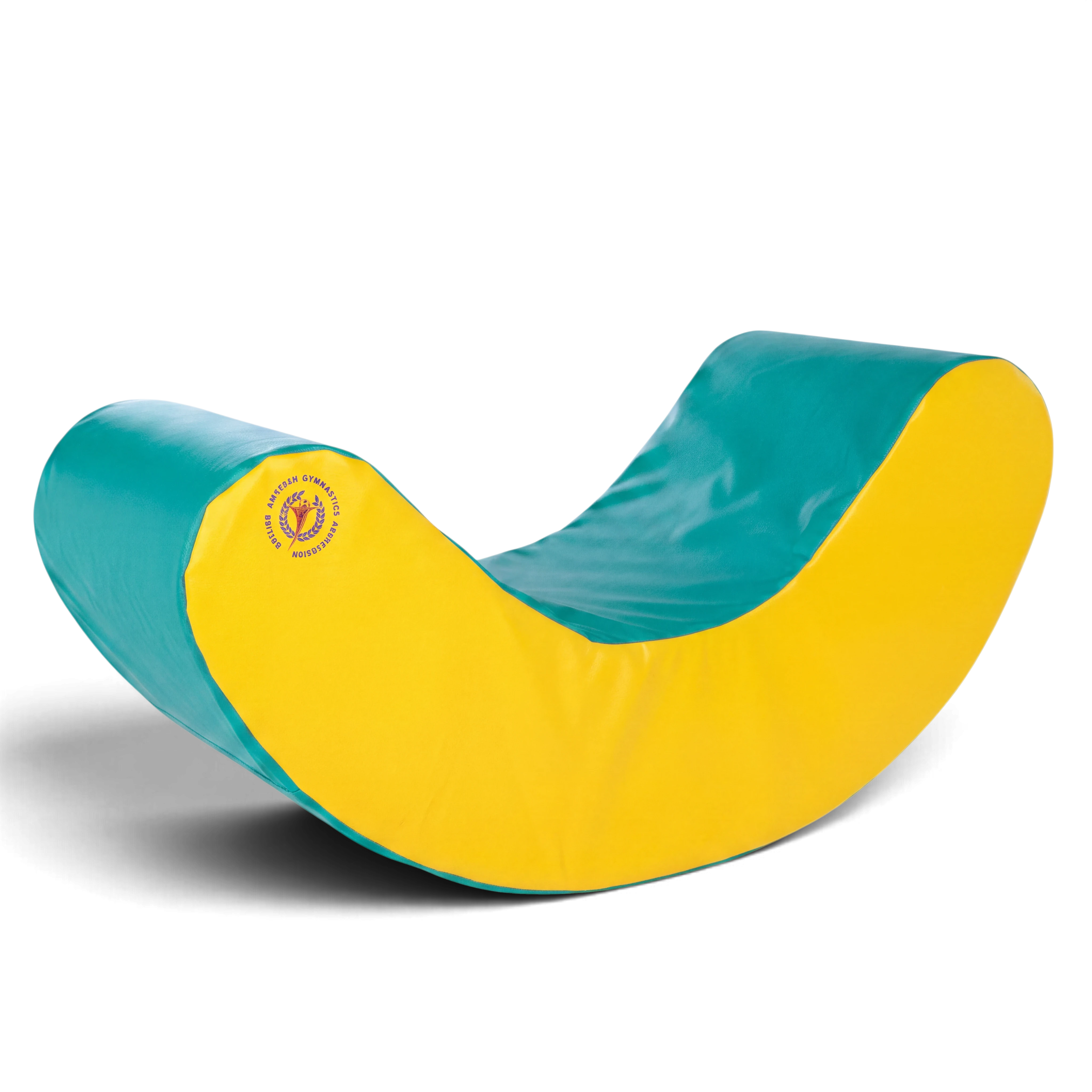 UK Gym Pits large green and yellow foam rocker for children's soft play, featuring a curved design for motor skills.
