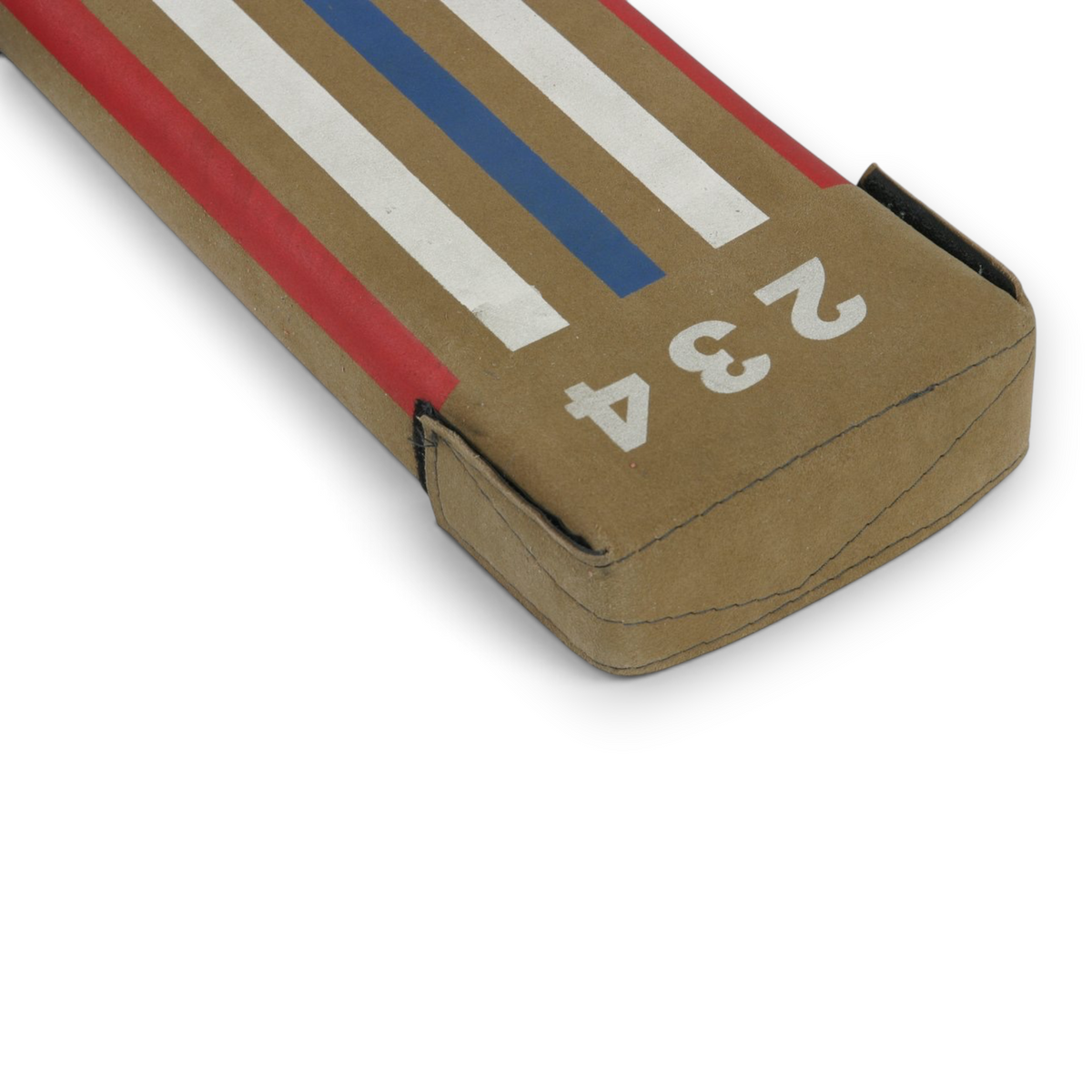 UK Gym Pits laser balance beam lite with brown surface, red and blue stripes, and white number 234 detail