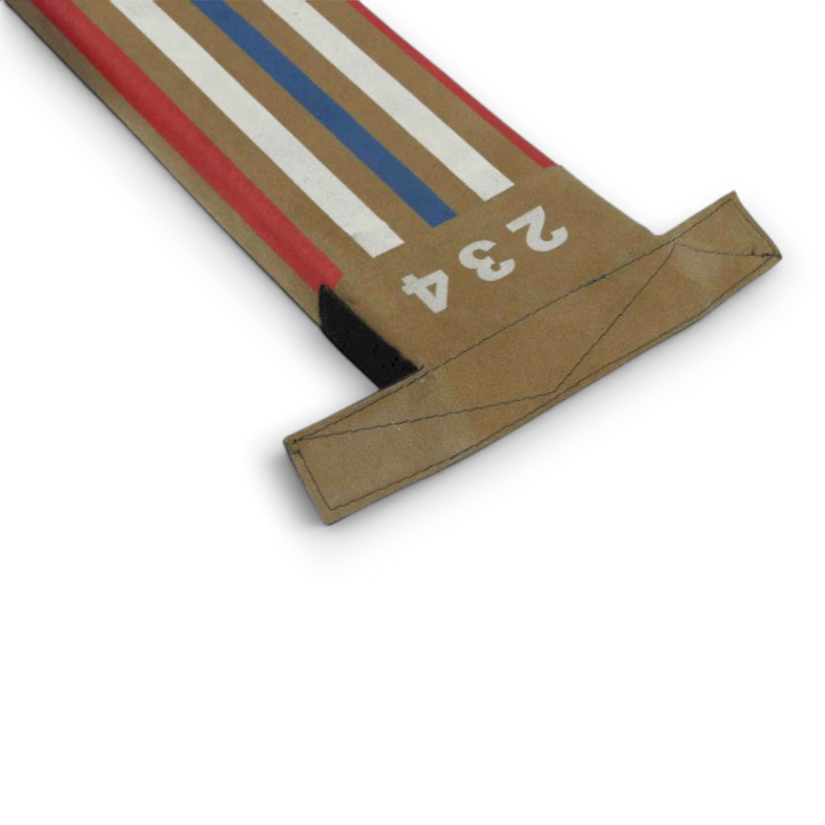 UK Gym Pits Laser Balance Beam Lite with tan fabric, red and blue stripes, and white numbered markings.