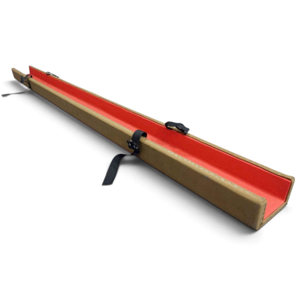 UK Gym Pits laser balance beam conversion top with tan exterior, red interior padding, and black securing straps.