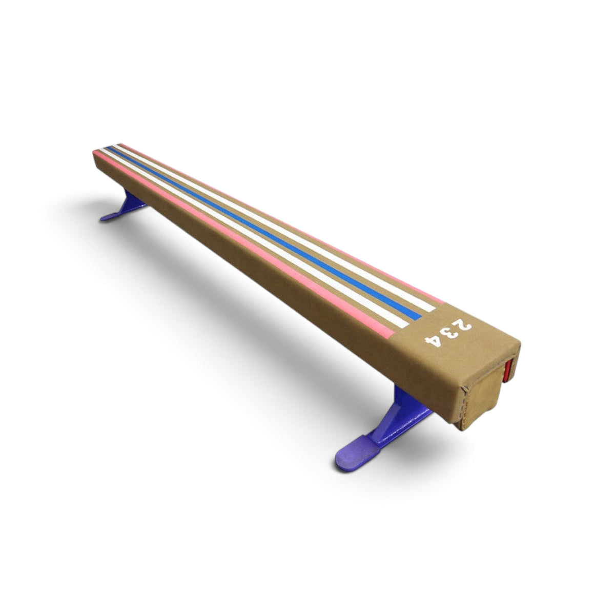 UK Gym Pits laser balance beam conversion top with visual guide lines and numbers on a padded wood base