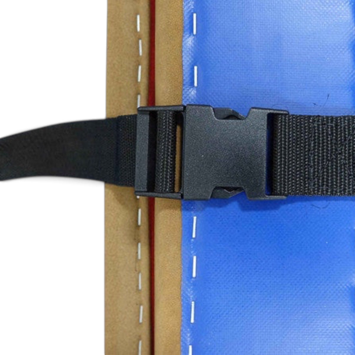 UK Gym Pits laser balance beam conversion top with blue padded surface, tan sides, and black securing strap buckle.