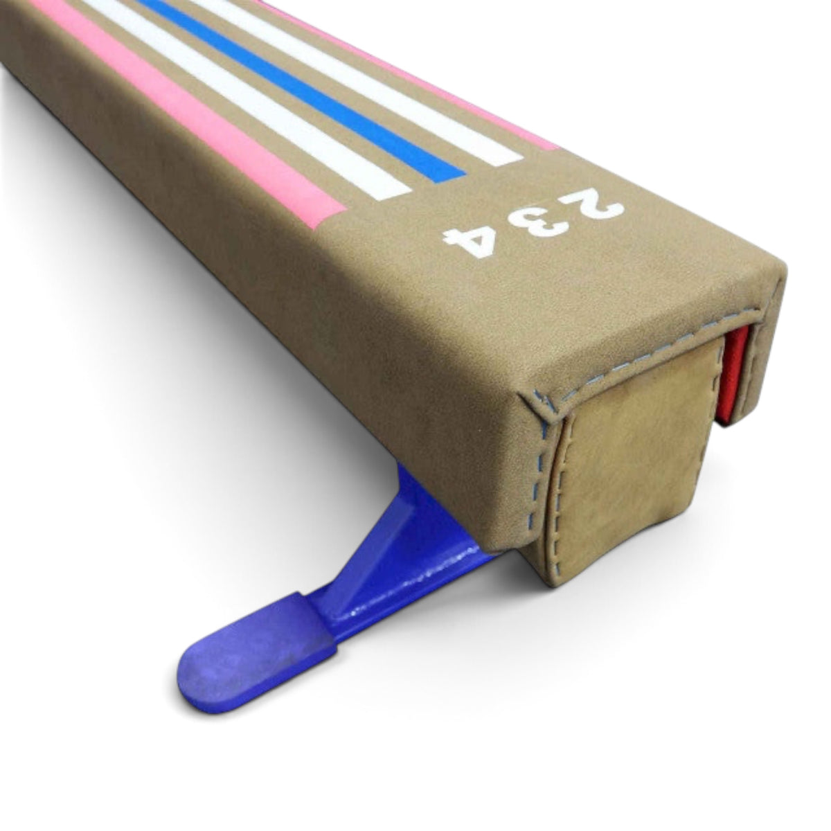 UK Gym Pits laser balance beam conversion top with padded surface, visual guide lines, and numbered training markers.