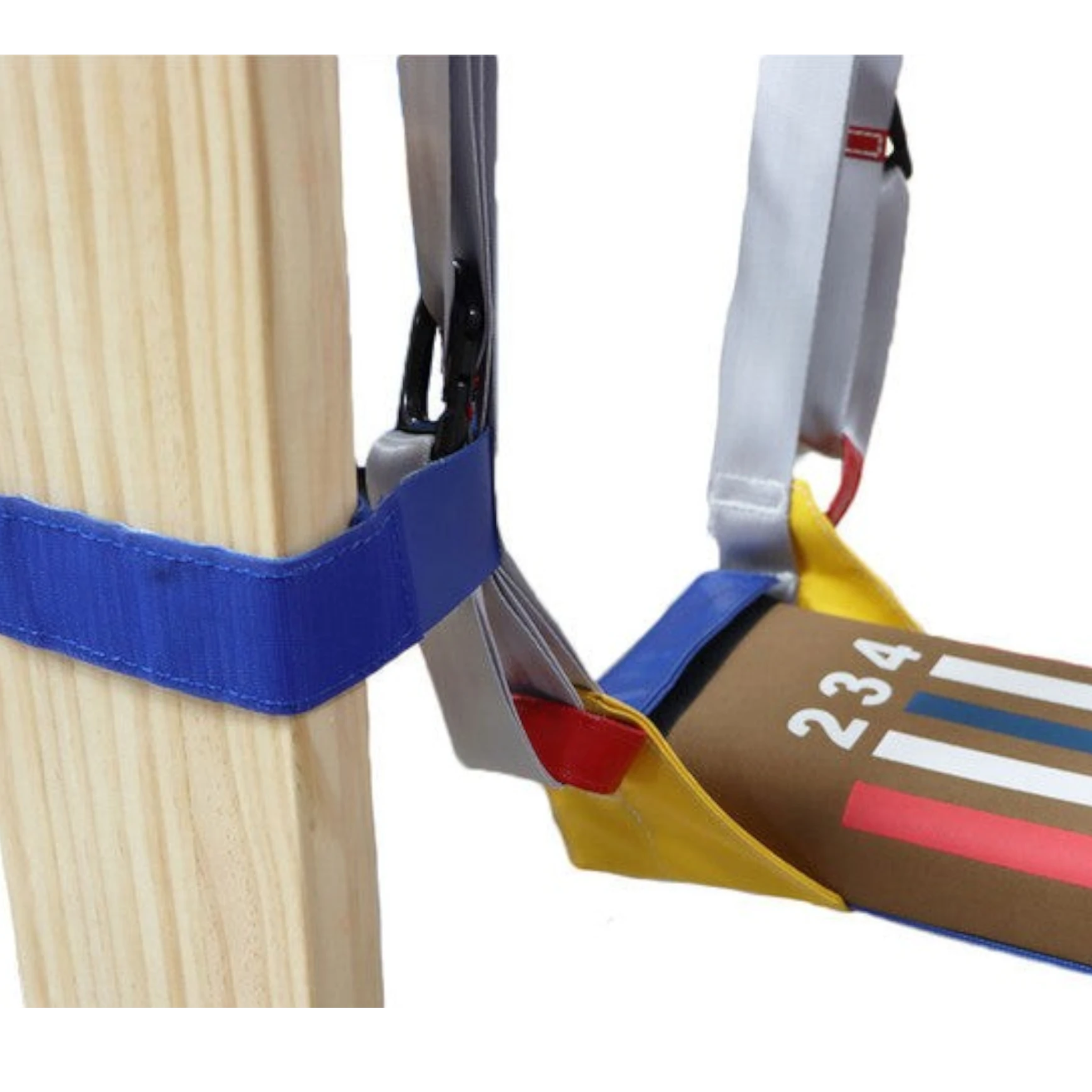 UK Gym Pits Laser Balance Beam Hammock with adjustable straps attached to a wooden post for ninja obstacle training