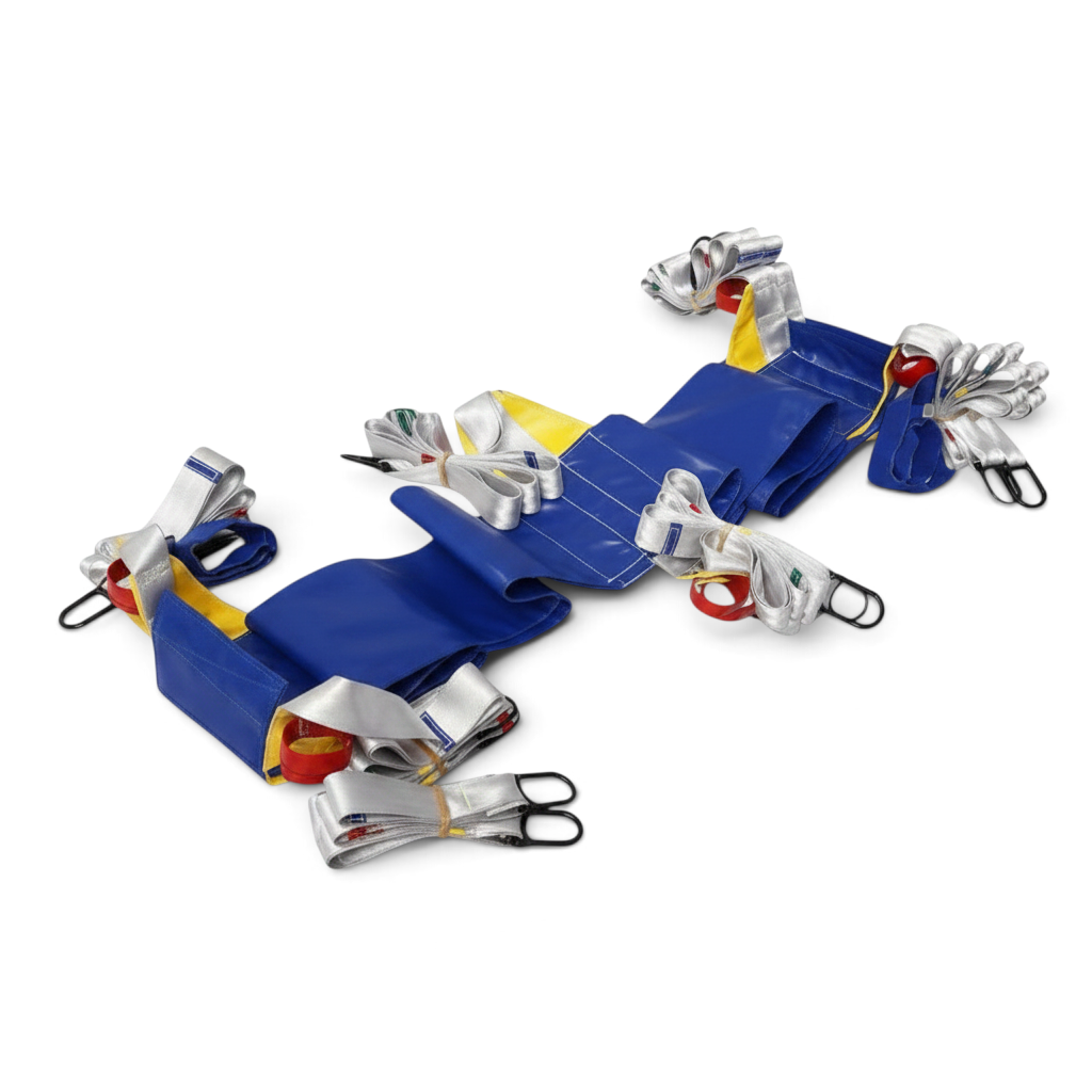 UK Gym Pits Laser Balance Beam Hammock with blue and yellow fabric, featuring adjustable straps for obstacle courses.