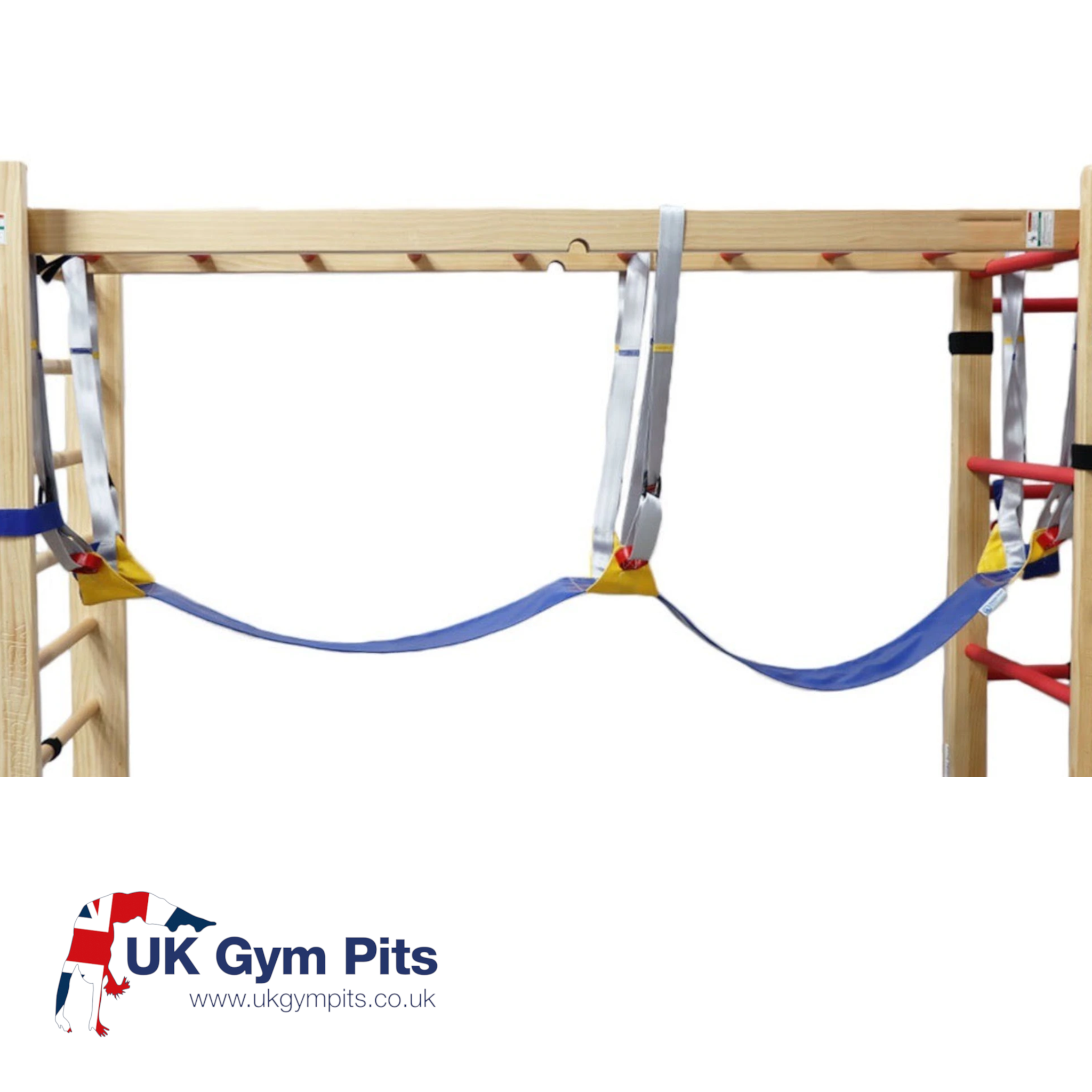UK Gym Pits Laser Balance Beam Hammock suspended from wooden parallel bars with adjustable grey straps and blue fabric